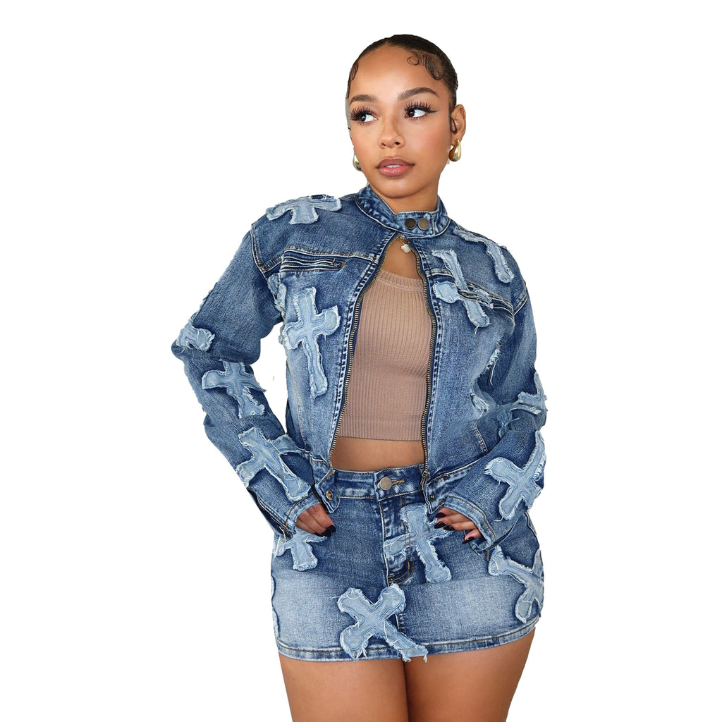 Denim Embroidered Short Skirt Jacket Suits Suit See size chart under “more details”