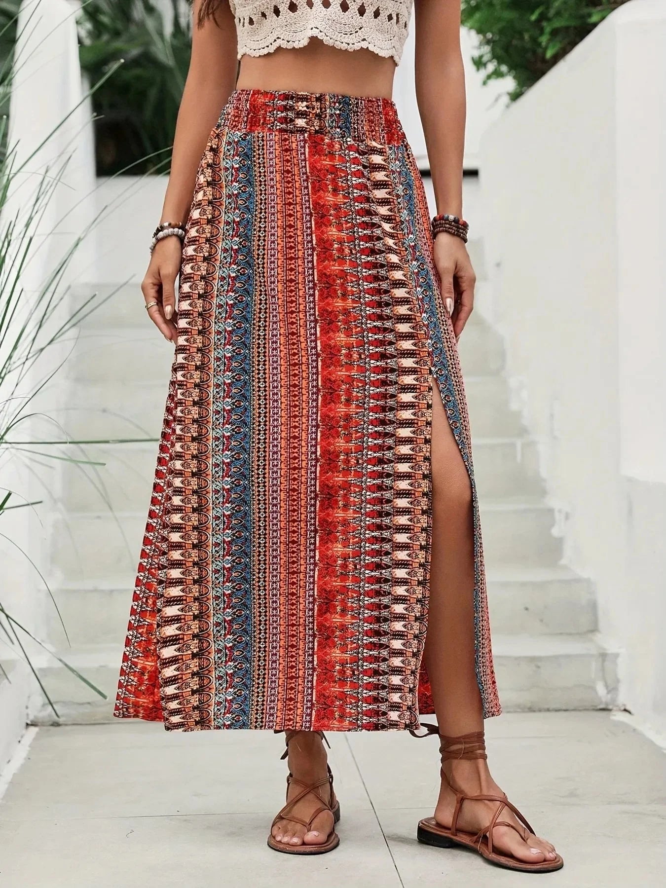 High Waist Side Slit Bohemian Maxi Skirt – Red Ethnic Print