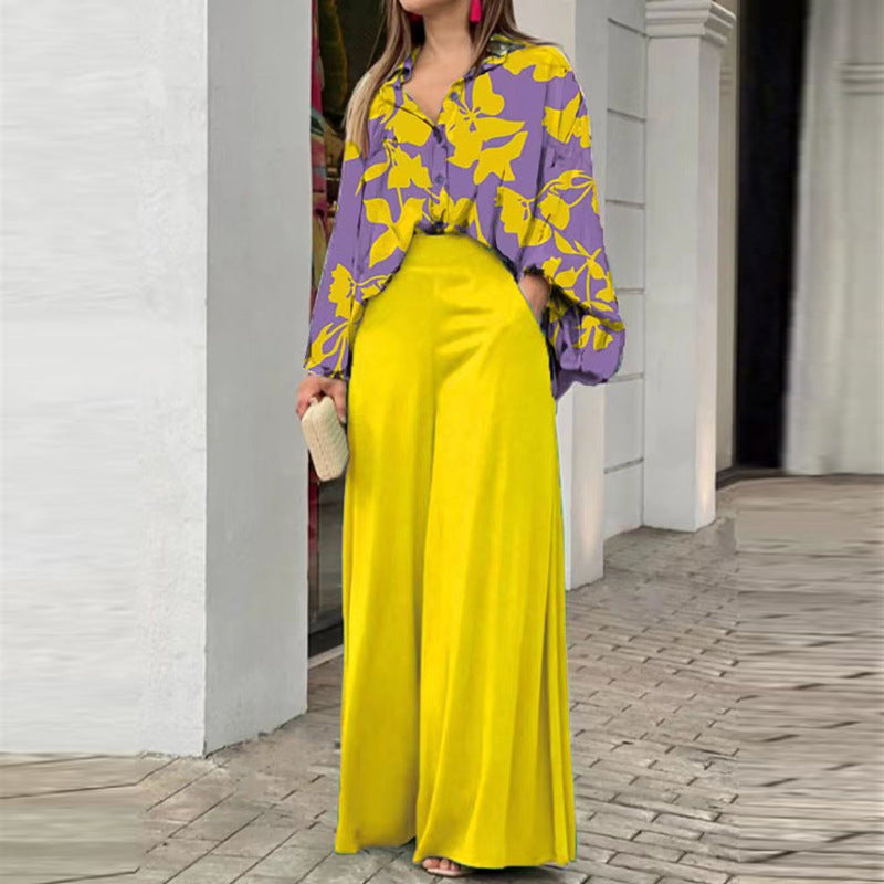 Women's Printed Shirt Wide Leg Pants Fashion Casual Set See size chart under “more details”