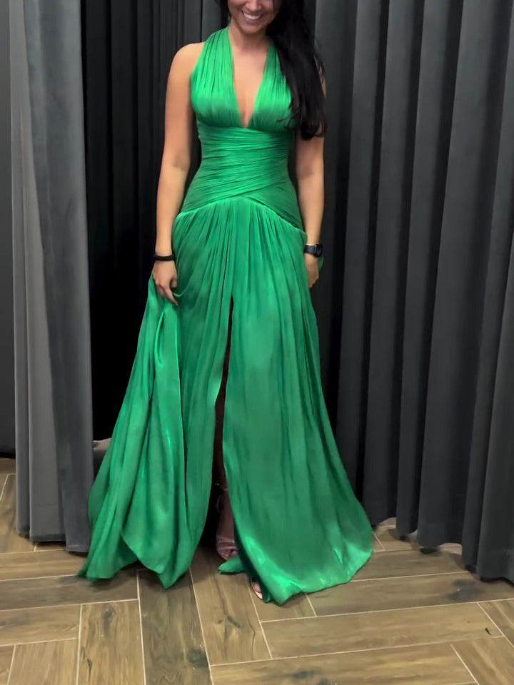 Emerald Green Plunging Neckline Gown With Pleated Skirt And Side Slit See size chart under “more details”