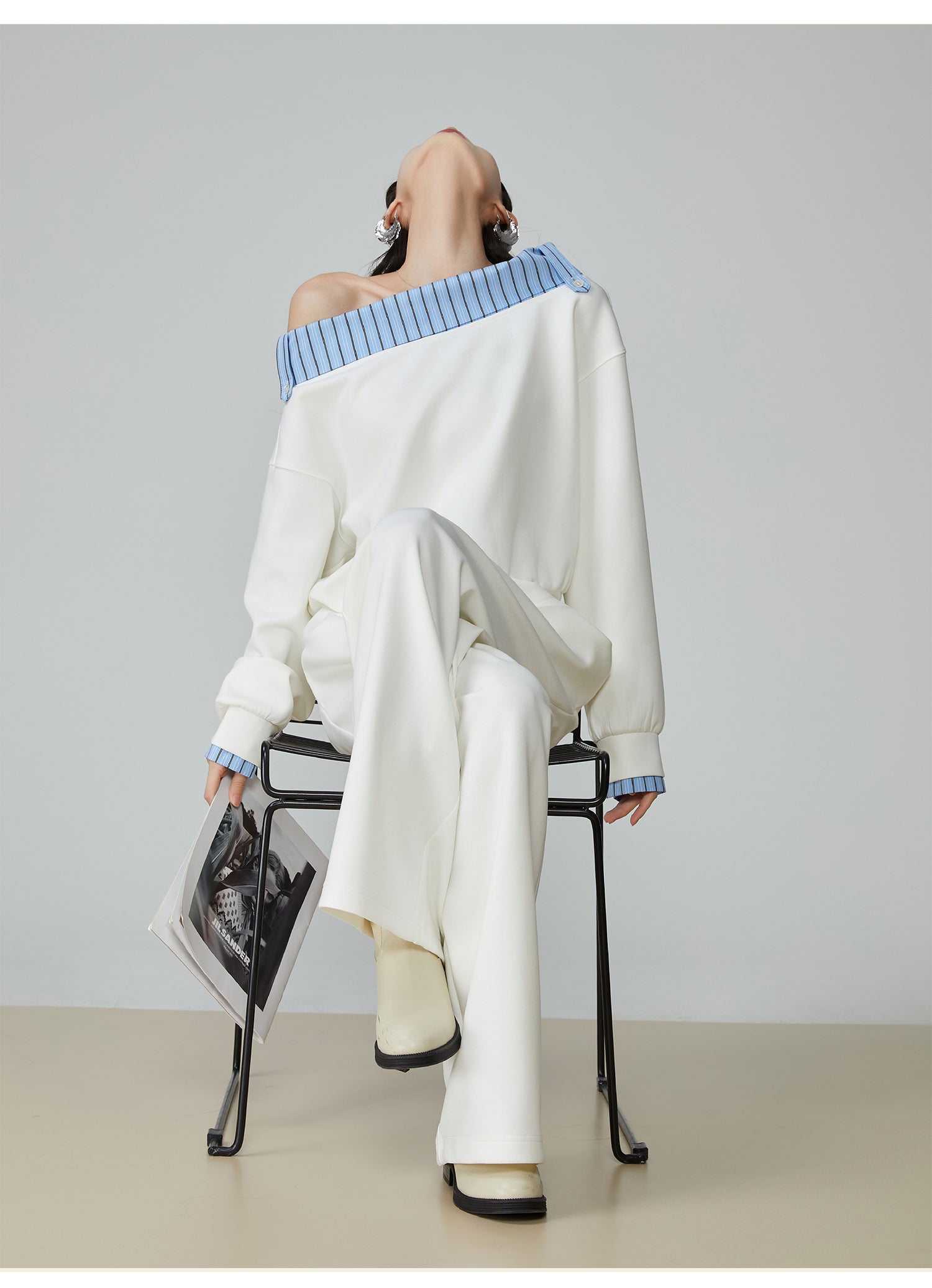 Two Piece Set Of Blue And White Striped Collared Sloping Shoulder Hoodie And Wide Leg Pants