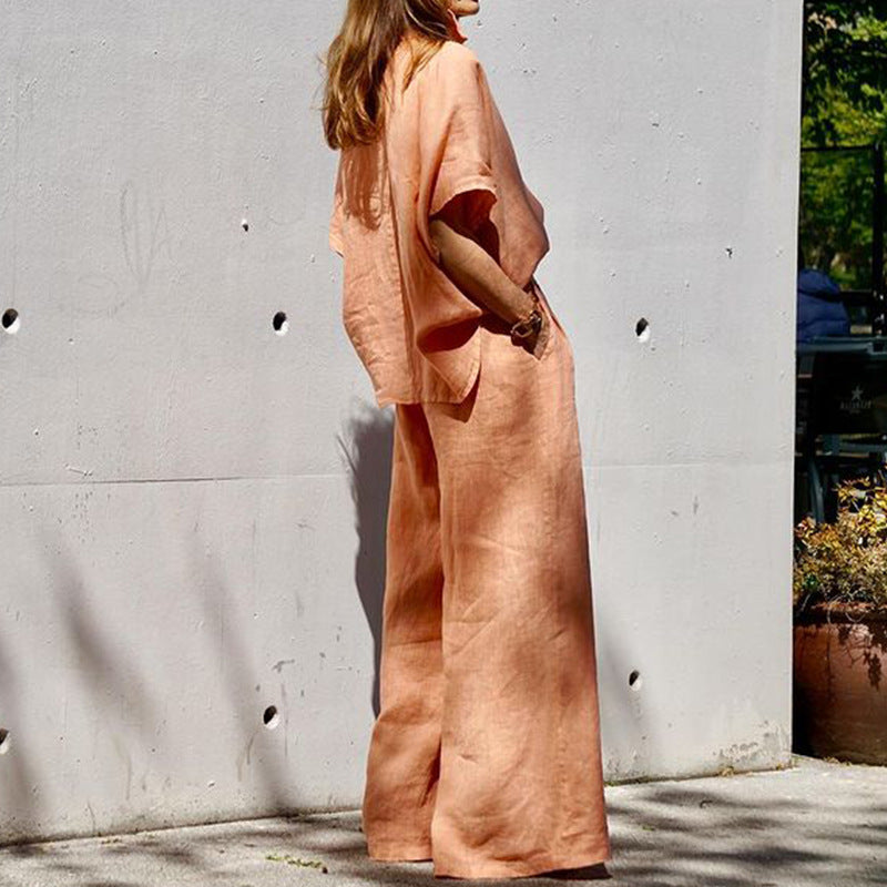 Women's Fashion Solid Color Loose Cotton And Linen Tops Pants Suit See size chart under “more details”