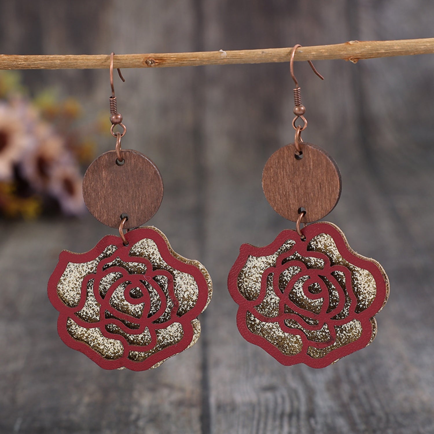 Wooden Elegance Rose Shape Dangle Earrings – Unique Alloy and Wood Design