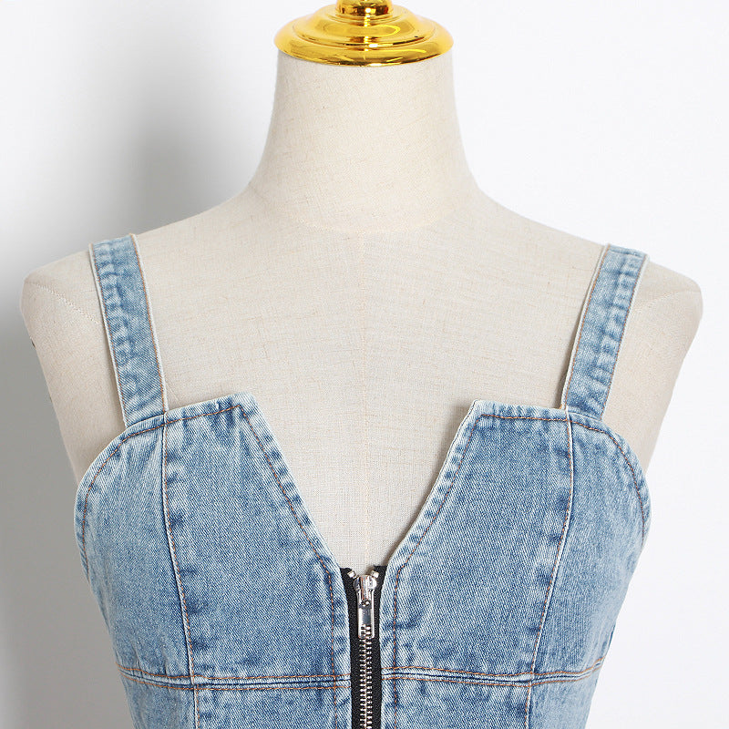 Color-blocking Denim Sling Waist Slimming Vest Top Women Trendy
