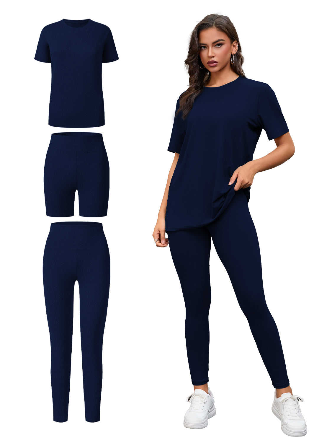 Three Piece Set, Round Neck Short Sleeved Top And Shorts And Pants Set, Sports And Casual Clothing See size chart under “more details”