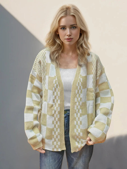 Double Take Checkered Dropped Shoulder Cardigan