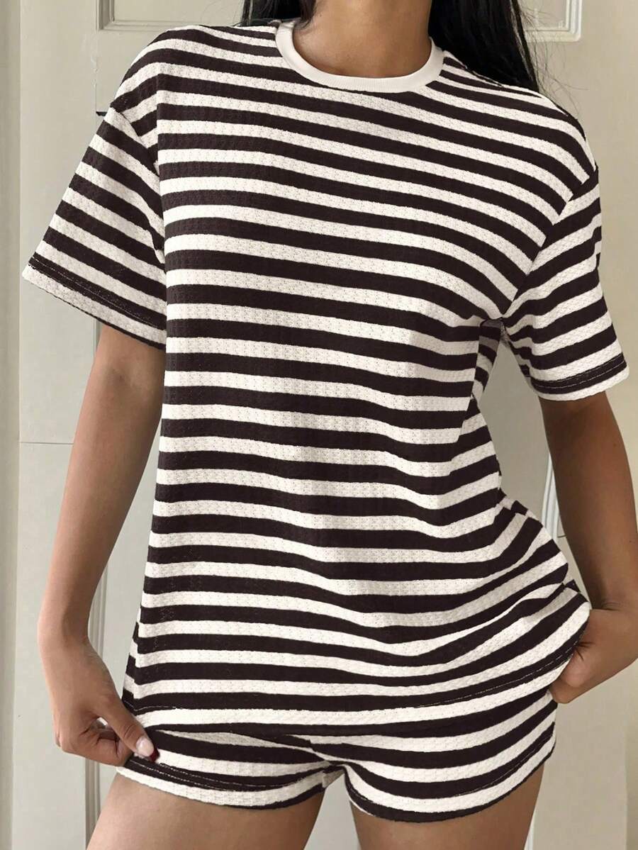 Striped Short-Sleeve T-Shirt Set Womens Fashion Summer