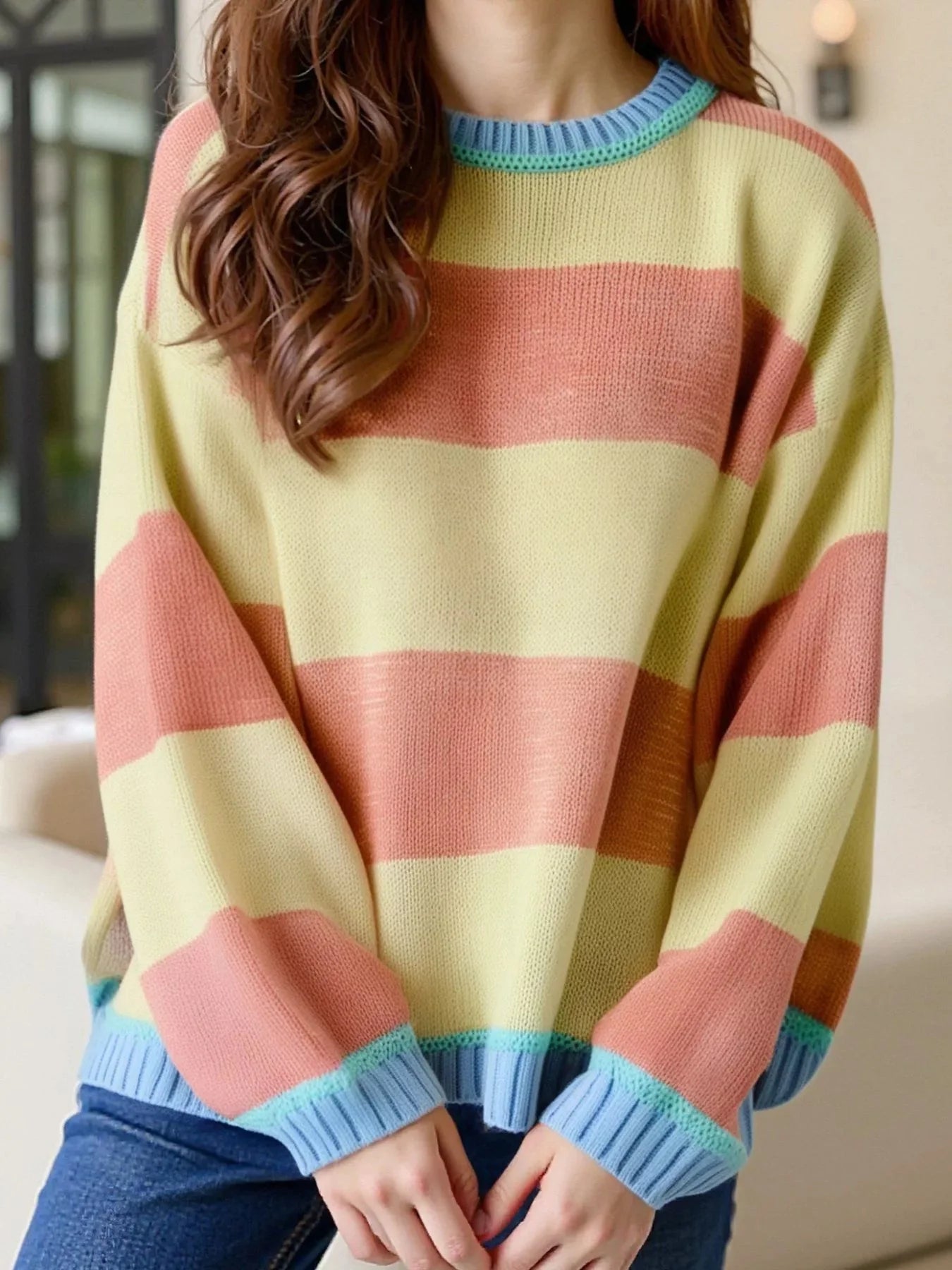 Color Block Oversized Round Neck Sweater