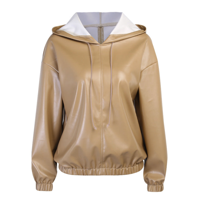 Women's Leather Versatile Round Neck Hoodie See size chart under “more details”