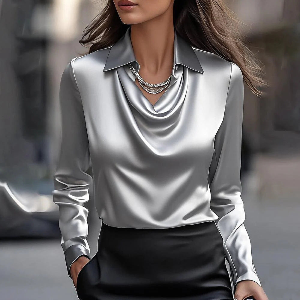 Women's Fashion Long Sleeve Irregular Collar Drape Shirt See size chart under “more details”