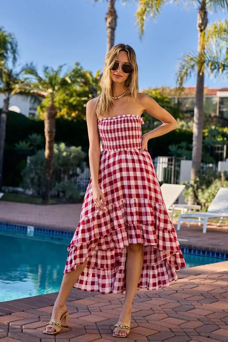 BiBi Smocked Body Off Shoulder Check Dress (Red)
