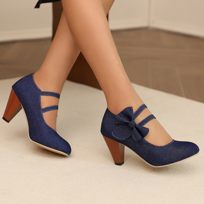 Round Toe High Heels Denim Bow See size chart under “more details”