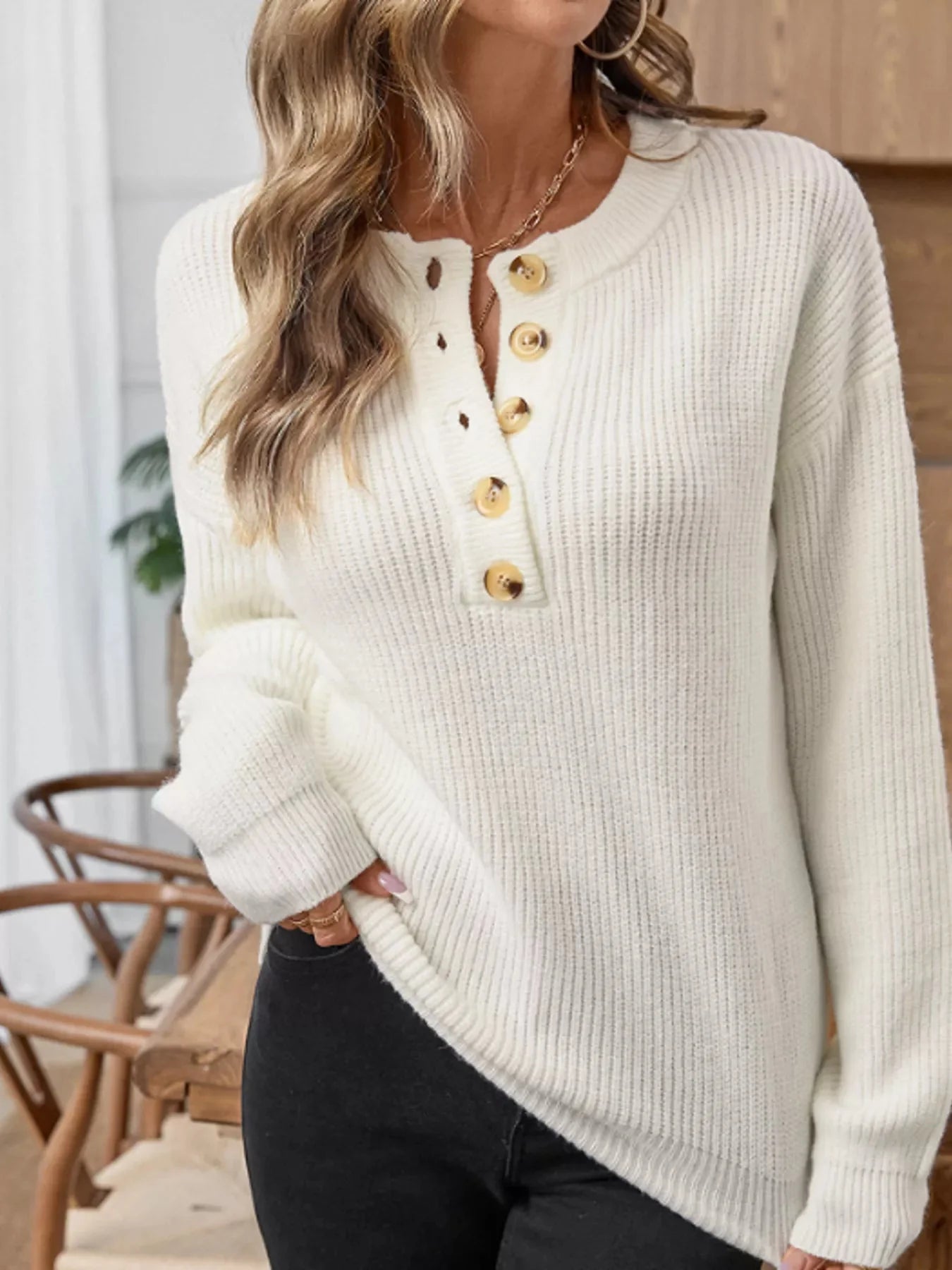 Button Detail Long Sleeve Sweater
