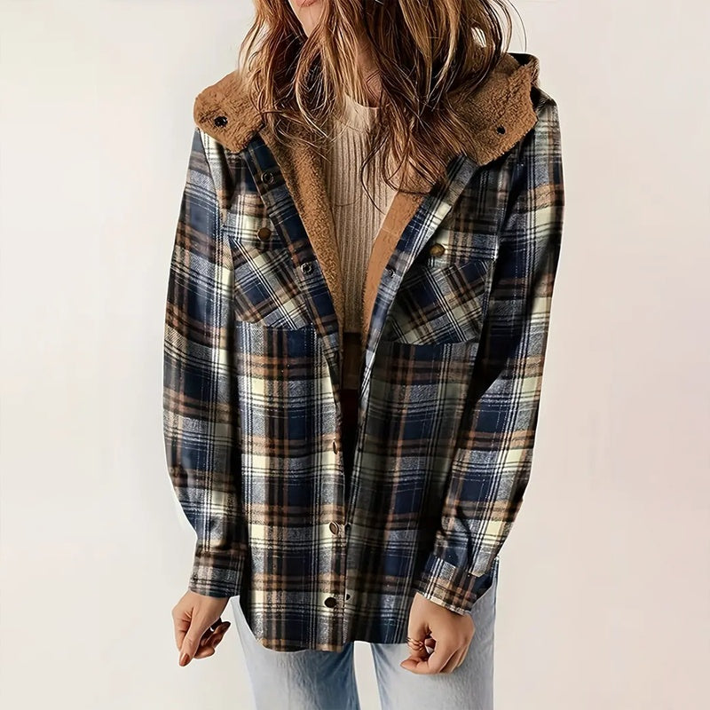 Women's Plaid Button-Up Long Sleeve Jacket Fall Winter  Flap Button Pocket Design Casual Hooded Fleece-Lined Warm Coat