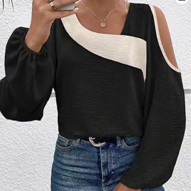 Women's Cold Shoulder Color Block Long Sleeve Tee Shirt Casual Going Out Top See size chart under “more details”