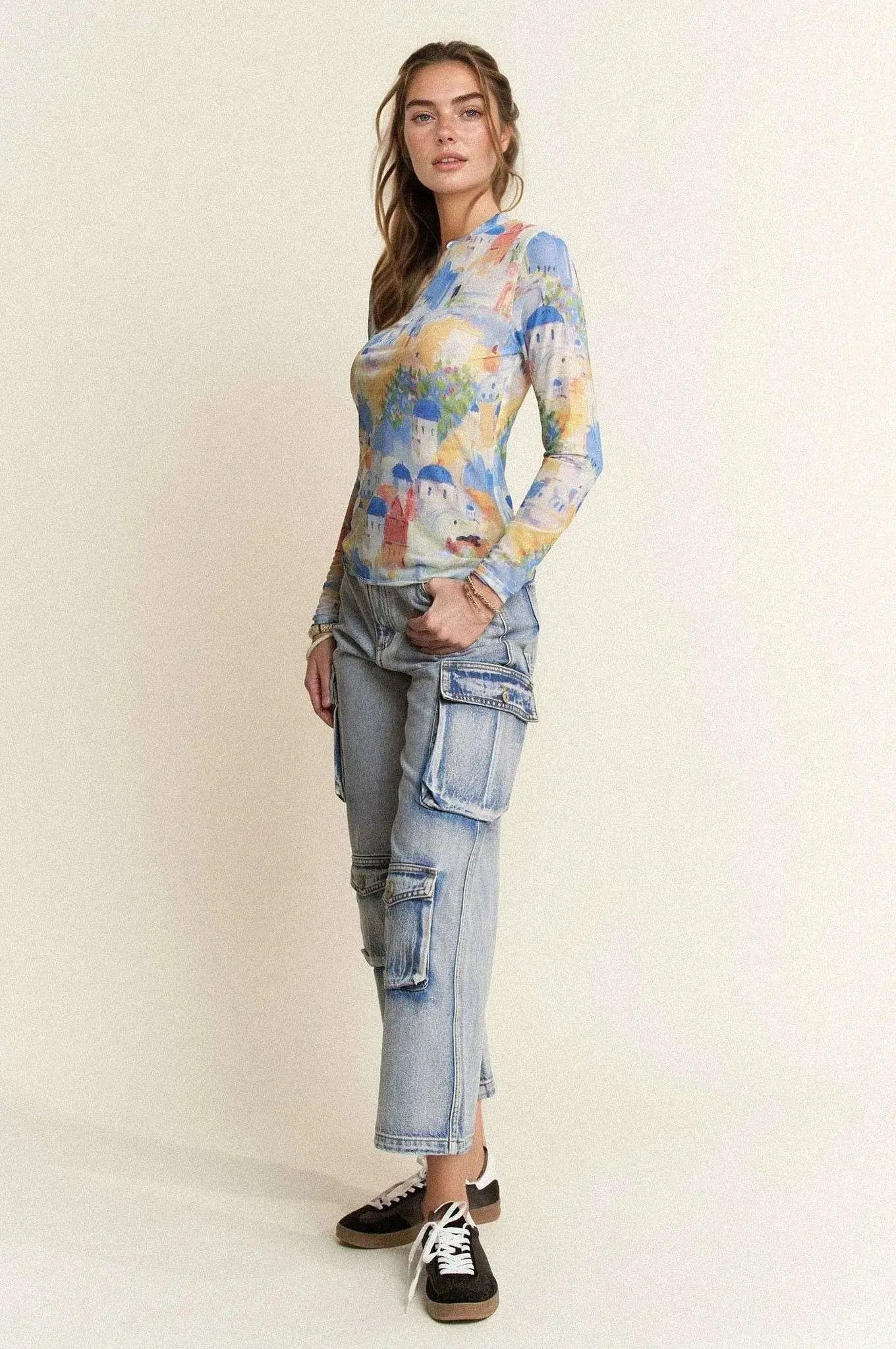Davi & Dani Multi Printed Round Neck Mesh Long Sleeve Top