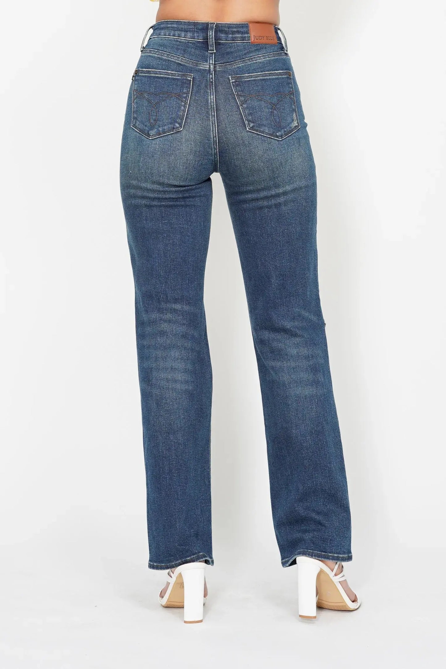 Full Size High Waist Ripped Knee Straight Leg Dad Judy Blue Jeans