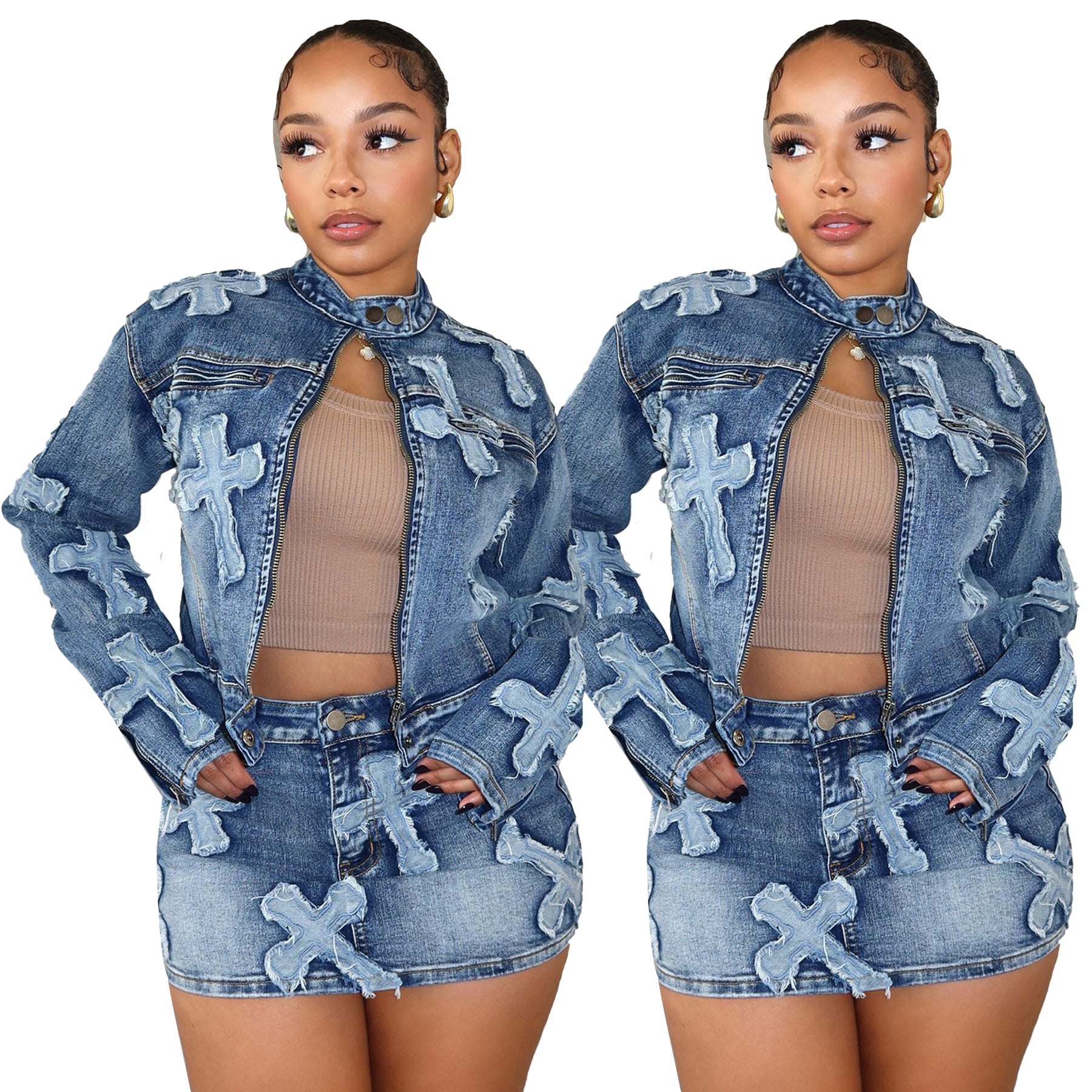 Denim Embroidered Short Skirt Jacket Suits Suit See size chart under “more details”