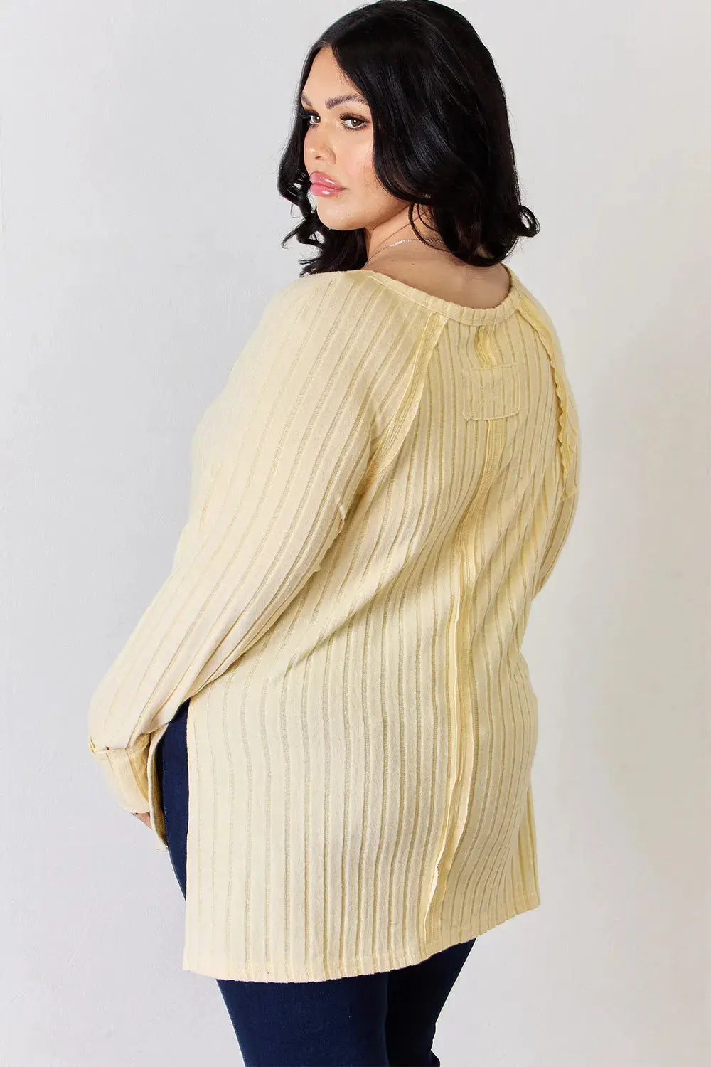 Basic Bae Ribbed Round Neck Slit Womens Long Sleeve T Shirt – Full & Plus Size