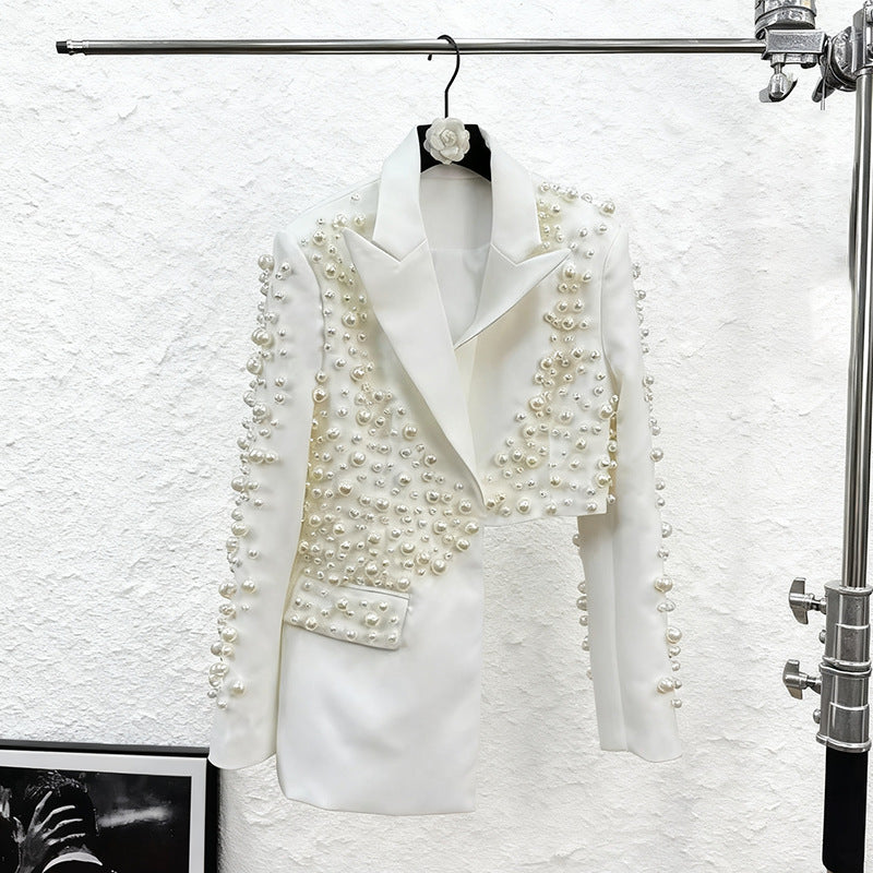 Womens Fashionable Deep V-Neck Heavy-Detailed Beaded Blazer And Skirt Set See size chart under “more details”