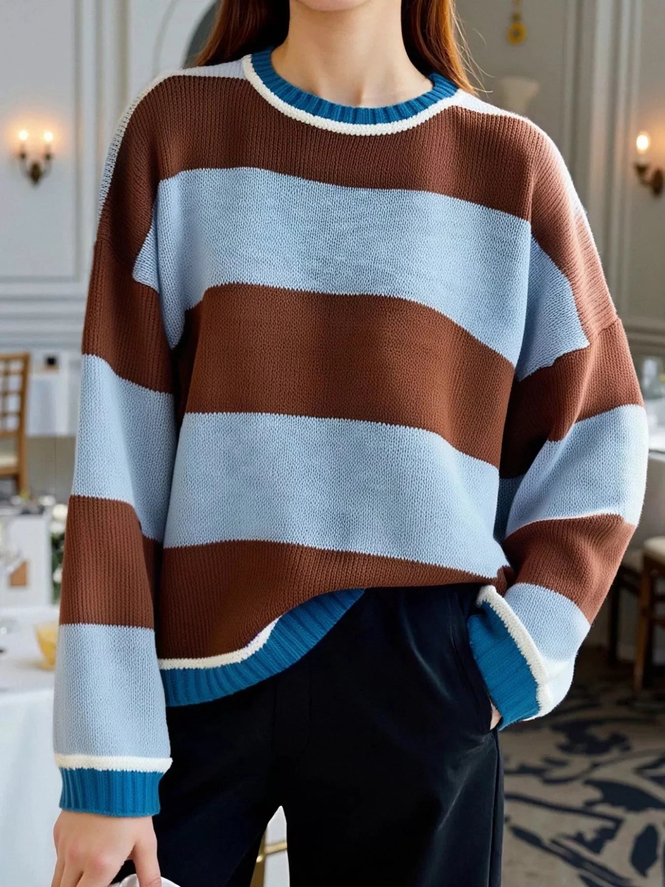 Color Block Oversized Round Neck Sweater