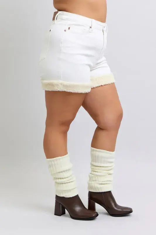 Judy Blue Jeans - Full Size High Waist Shearling Cuff Denim Shorts