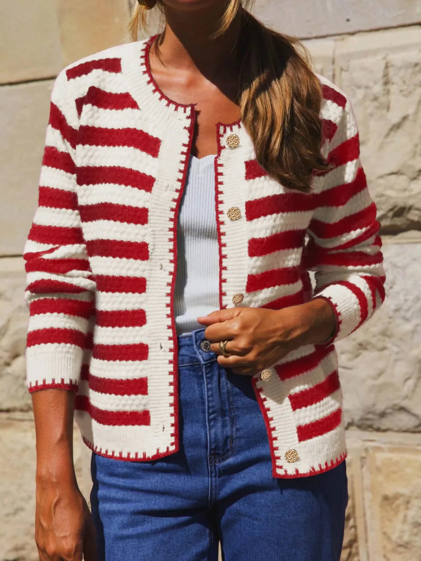 Button Down Striped Long Sleeve Cardigan