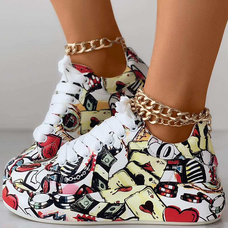 Women's Casual Round Toe Thick Sole Lace-Up Sneakers, Random Print Design, Comfortable Sporty Shoes For Daily Wear See size chart under “more details”