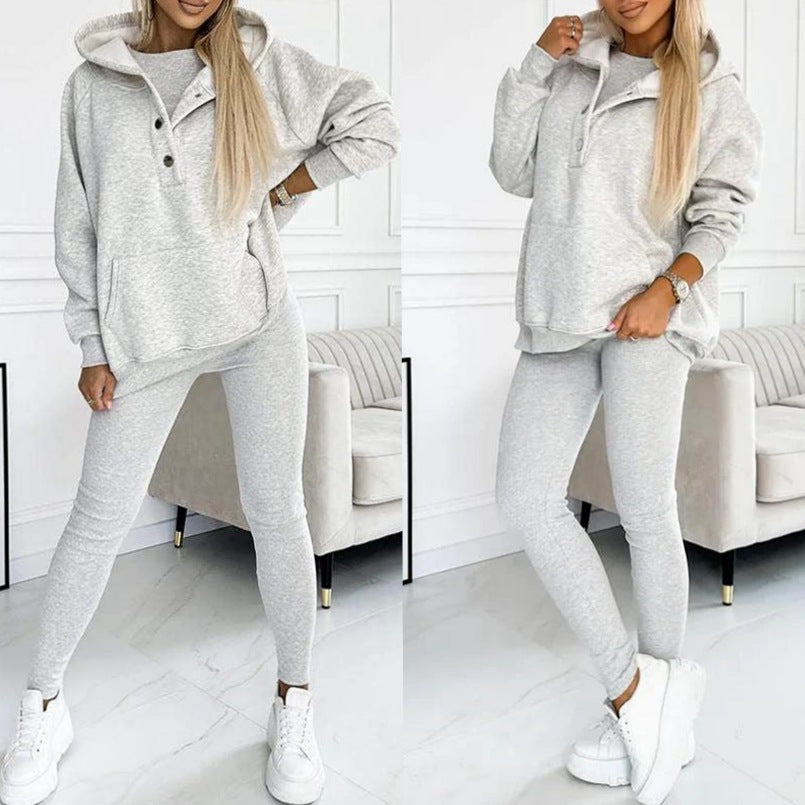 Casual Hooded Sweater Thickened Thread Fitted Vest Pants Three-piece Set