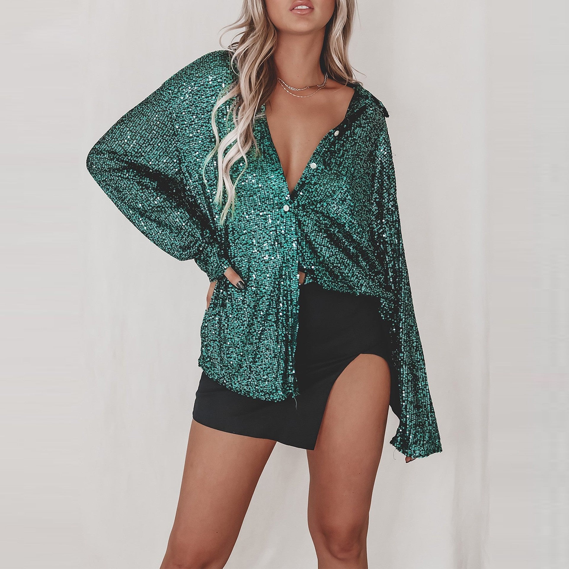 Sequin Lapel Long Sleeve Shirt See size chart under “more details”
