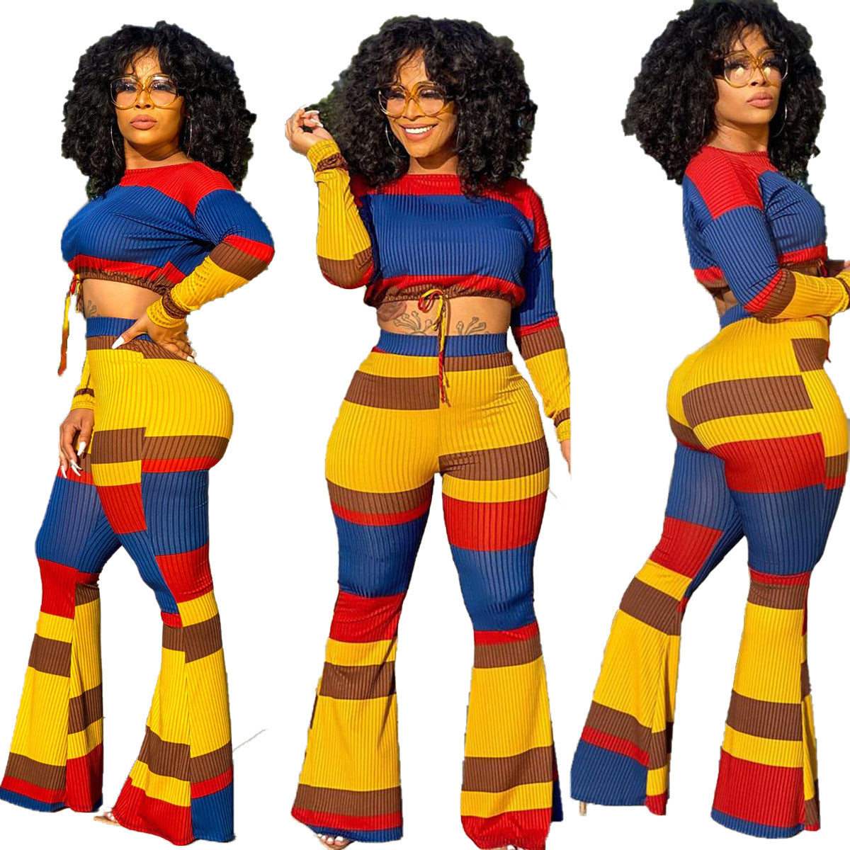 Dunhuang Hang Strip Flare Pants Suit