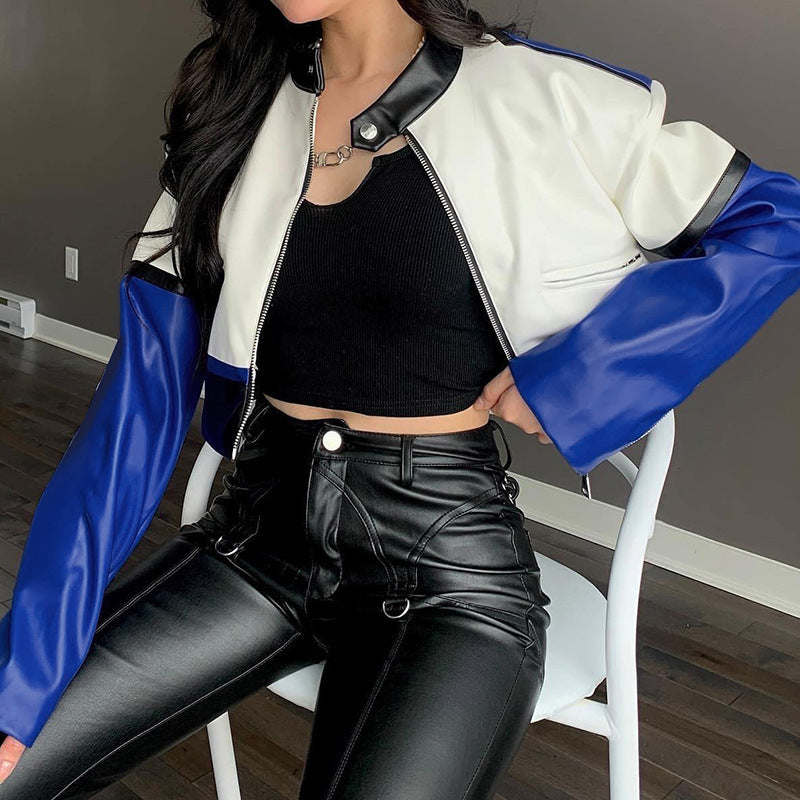 Women's Zip Button Collar Long Sleeve Dress Contrast Leather Jacket