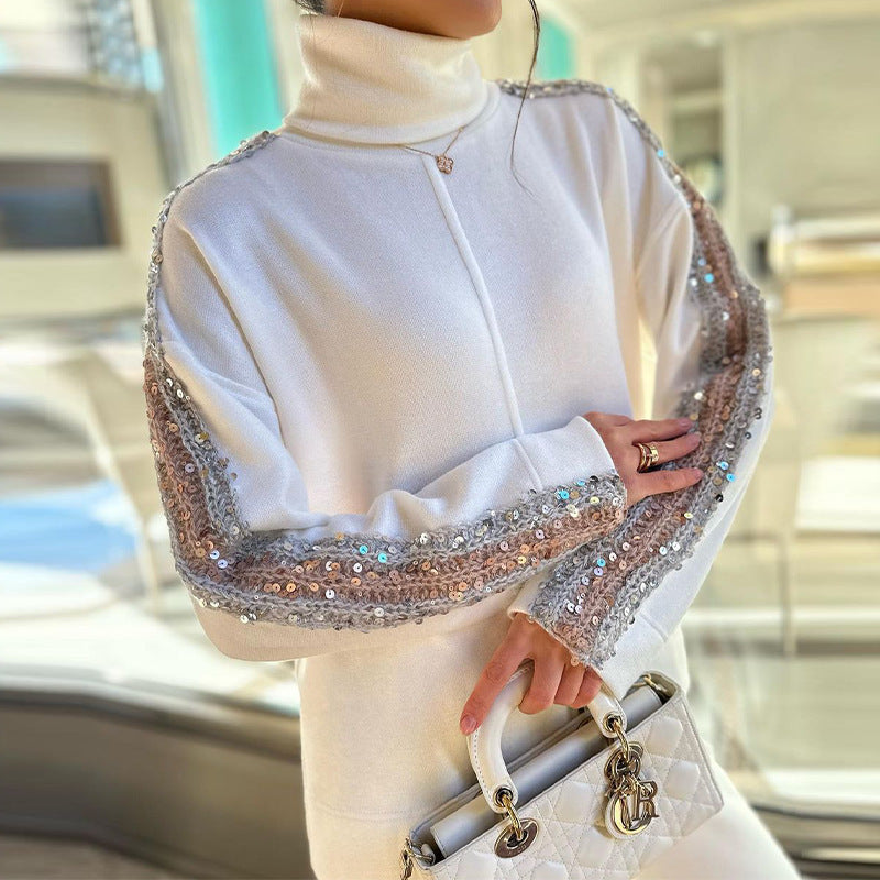 Turtleneck Fashion Niche Sequin Trim Blouse And Pants See size chart under “more details”