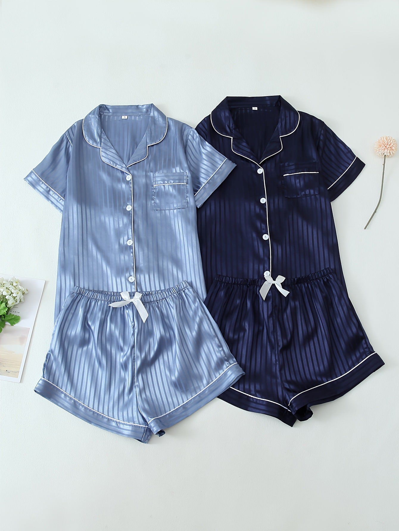 2 Sets Of Luxurious Women's Striped Satin Casual Pajama