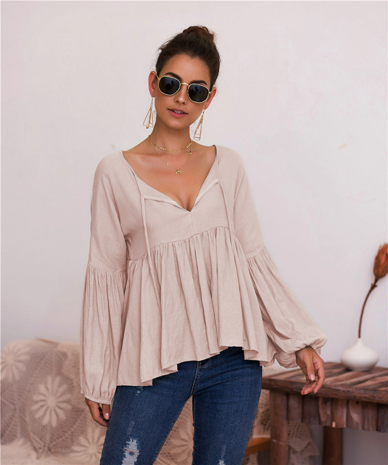 Puff Sleeve Solid Color V-neck Blouse T-shirt
