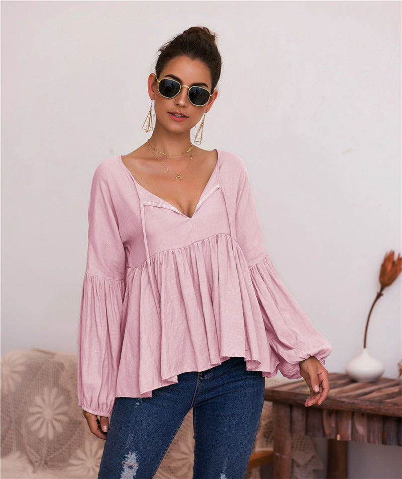 Puff Sleeve Solid Color V-neck Blouse T-shirt