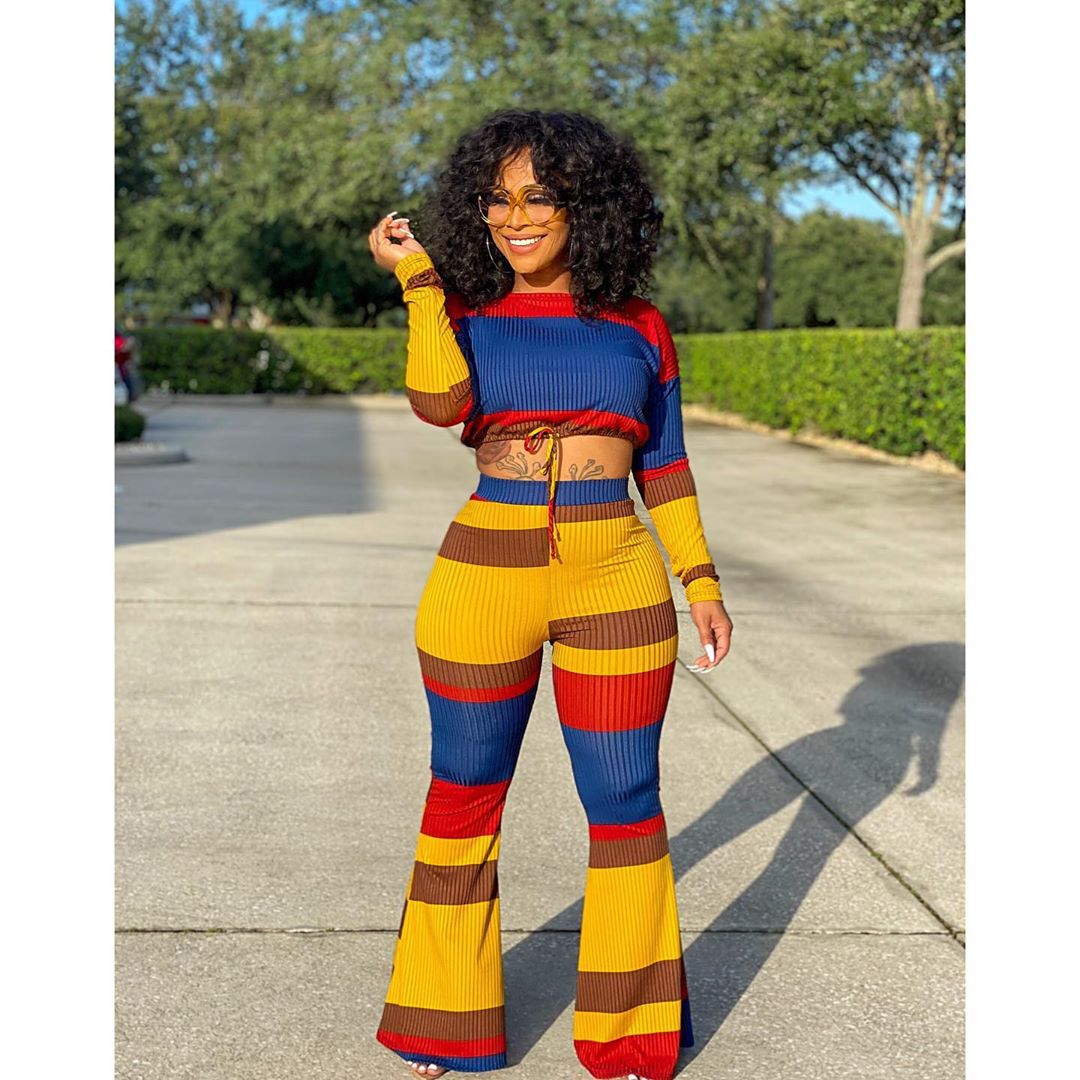 Dunhuang Hang Strip Flare Pants Suit