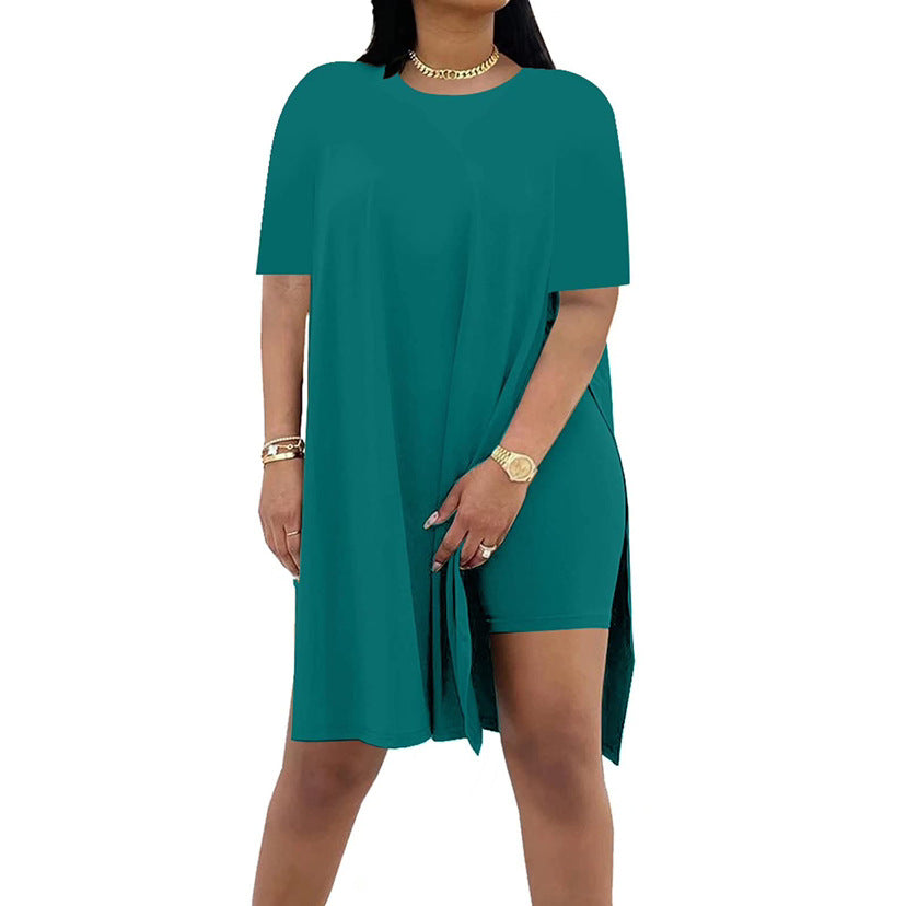 Summer Solid-Color Loose Crew-Neck Short-Sleeve Pants Two-Piece Set