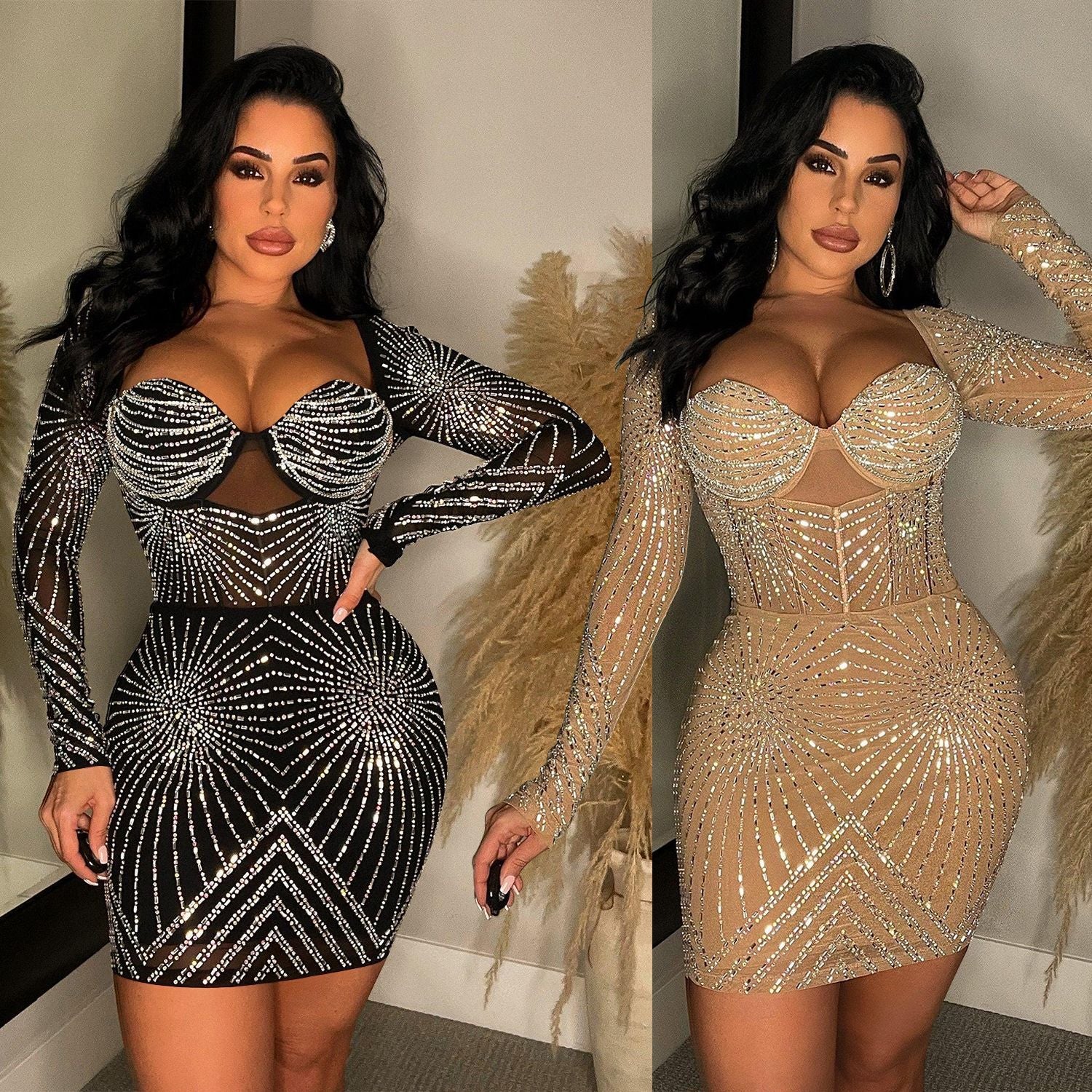 Women's Pure Color Mesh Rhinestone Long Sleeve Short Dress