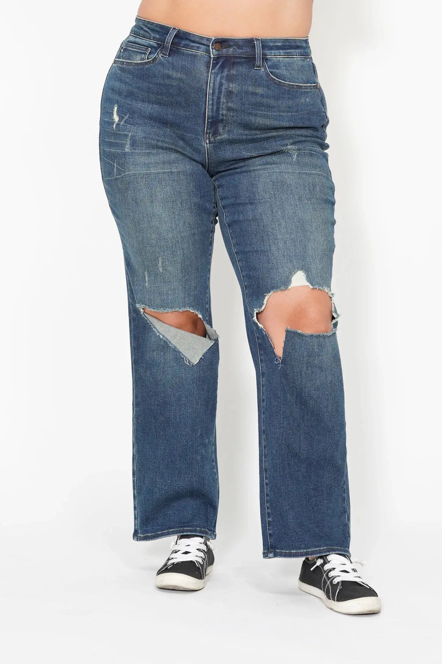 Full Size High Waist Ripped Knee Straight Leg Dad Judy Blue Jeans