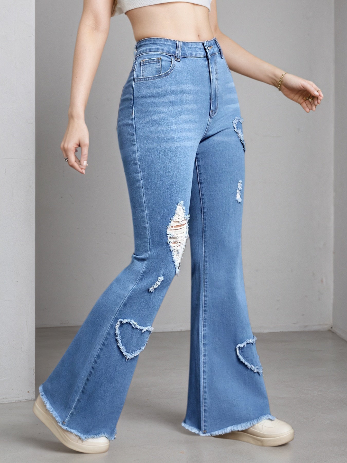 2025 New Women'S High-Stretch Flare Jeans With Heart Embroidery Patchwork - Trendy Distressed Denim Bell Bottoms, Comfortable & Versatile Light Blue Casual Pants,Fashion And Leisure