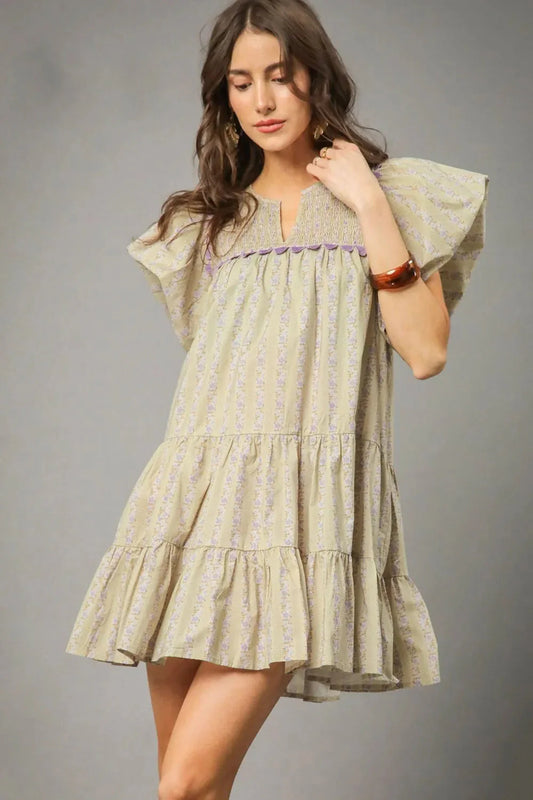 Umgee Floral Ruffled Cap Sleeve Tiered Cotton Mini Dress