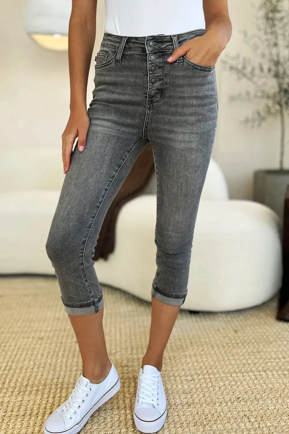 Judy Blue Jeans - Full Size Button Fly High Waist Cuffed Capris