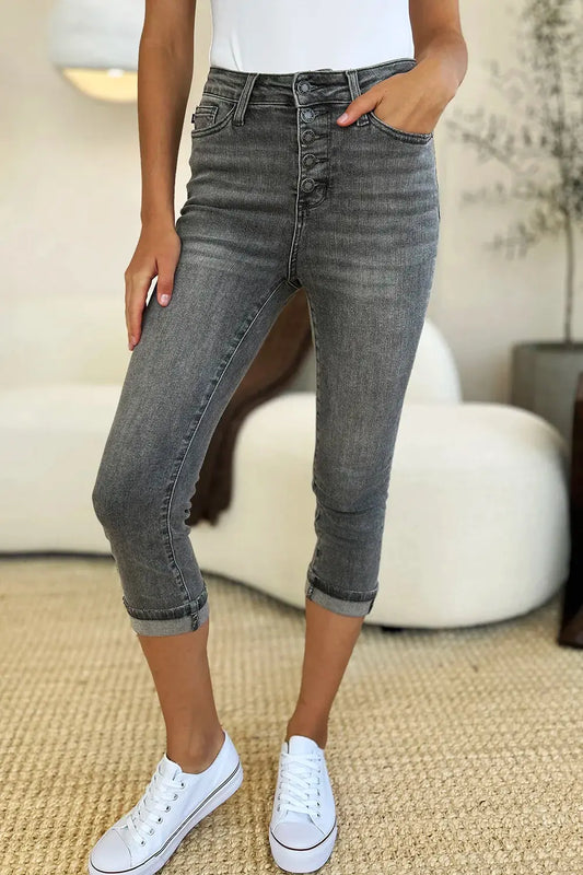 Judy Blue Jeans - Full Size Button Fly High Waist Cuffed Capris