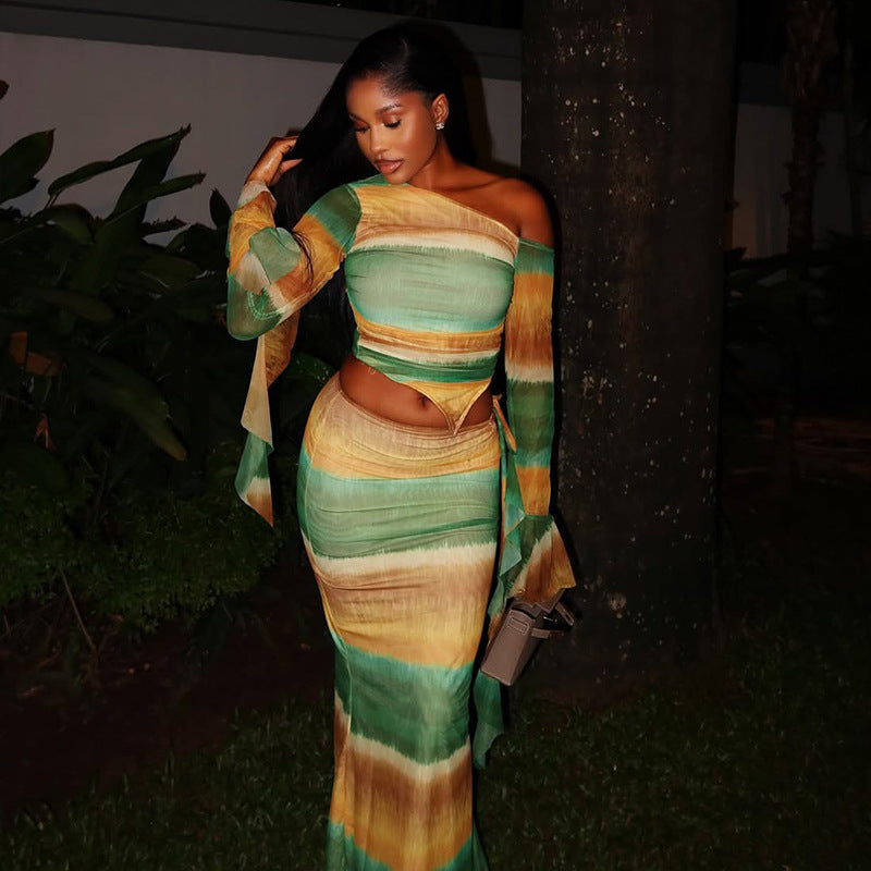 Elastic Oblique Collar Asymmetrical Two-piece Women's Clothing