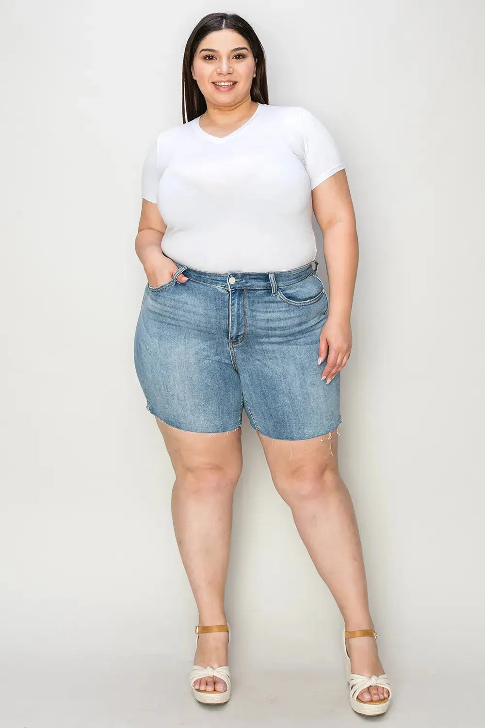 Judy Blue Jeans - Full Size High Waist Raw Hem Denim Shorts