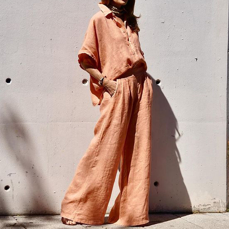 Women's Fashion Solid Color Loose Cotton And Linen Tops Pants Suit See size chart under “more details”