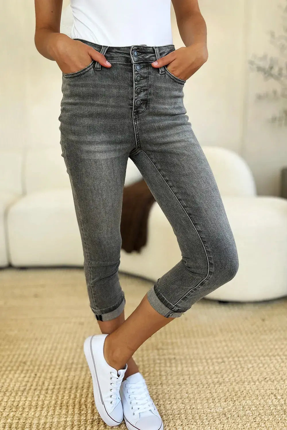 Judy Blue Jeans - Full Size Button Fly High Waist Cuffed Capris