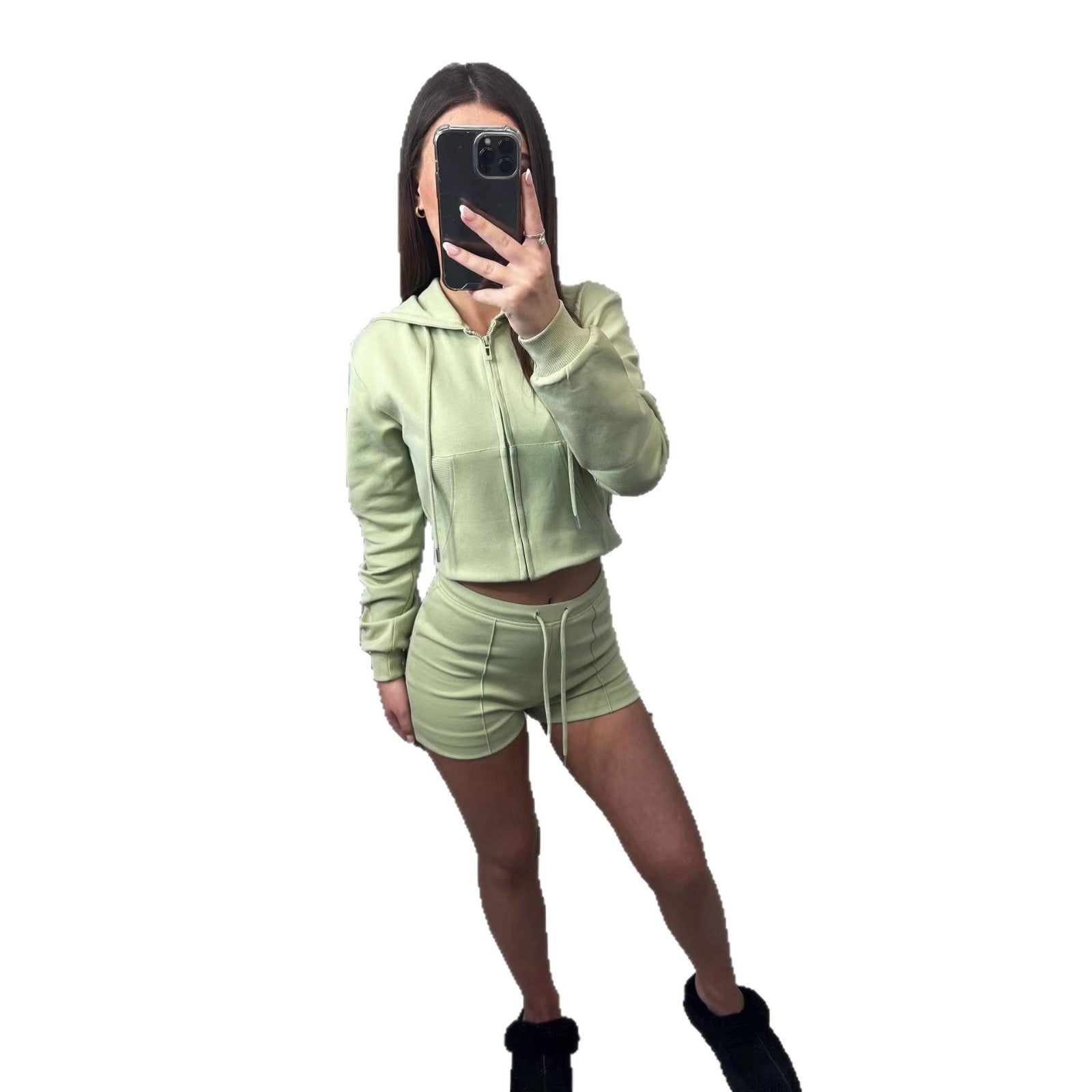 Womens Hooded Oversized Pocket Sweatshirt And Shorts Two-Piece Set