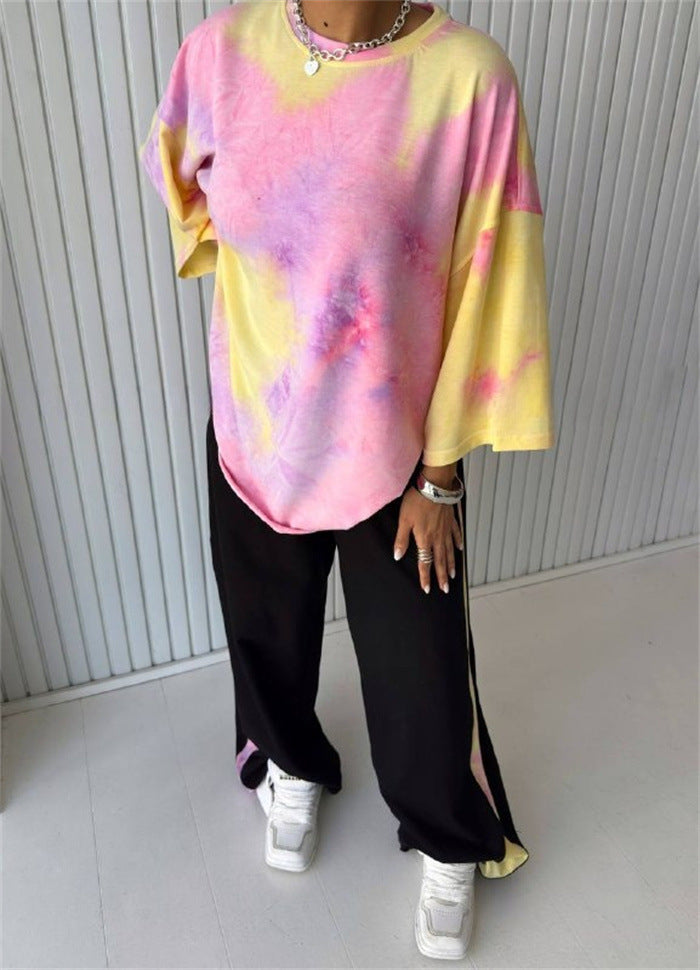 Womens Short-Sleeve Crew-Neck Tie-Dye T-Shirt And Pants Set
